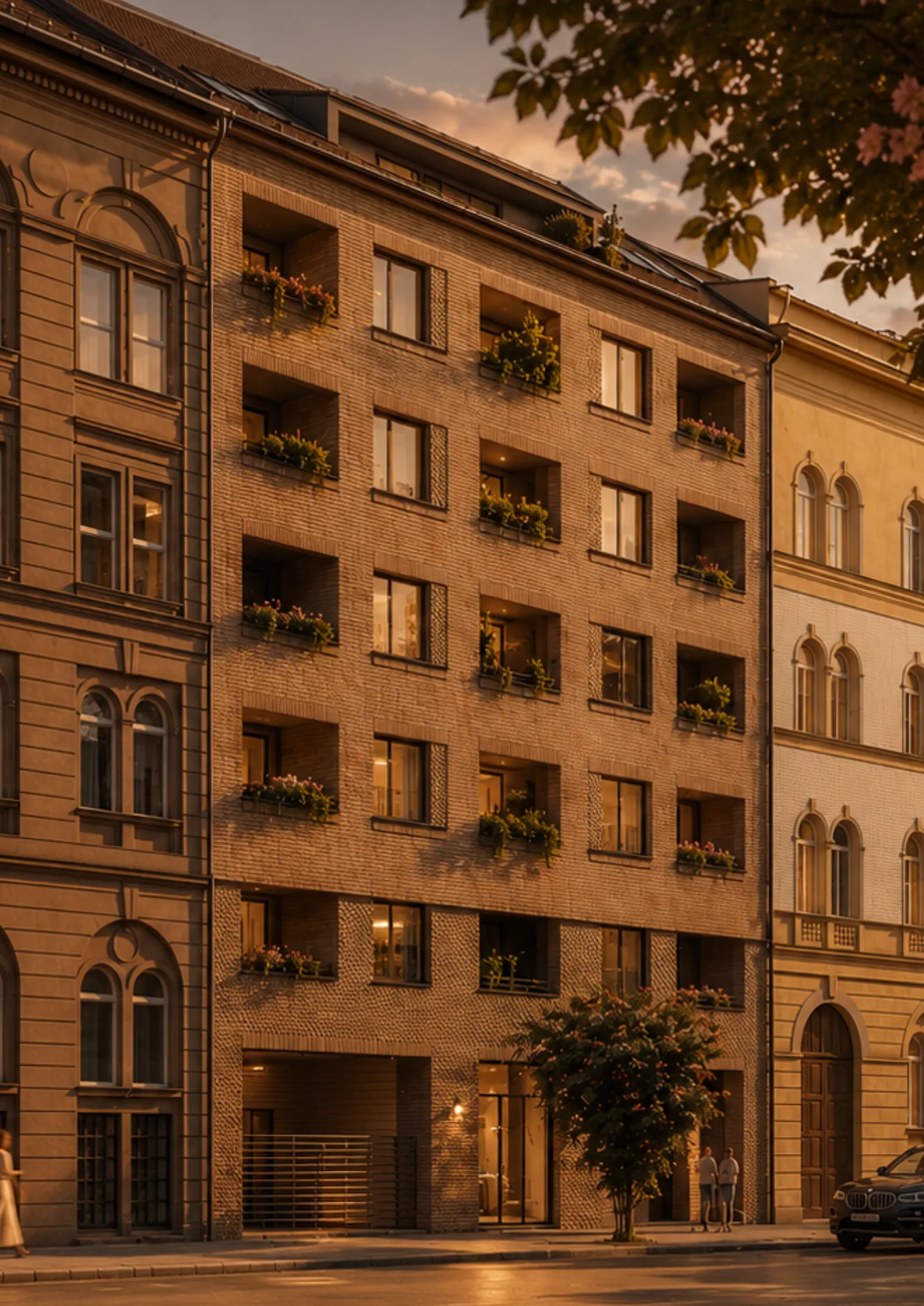 A homlokzat alkonyi fényben, két történelmi szomszédja között